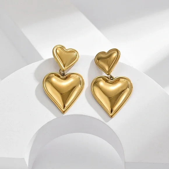 24K Gold Double Heart Earrings*Waterproof*Sweatproof* - Picture 2 of 7